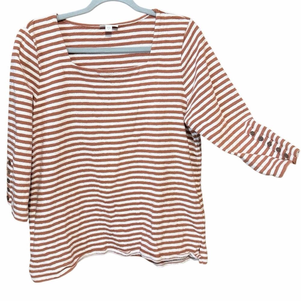 J. Jill brown white horizontal stripe 100% cotton blouse top 3/4 sleeve large